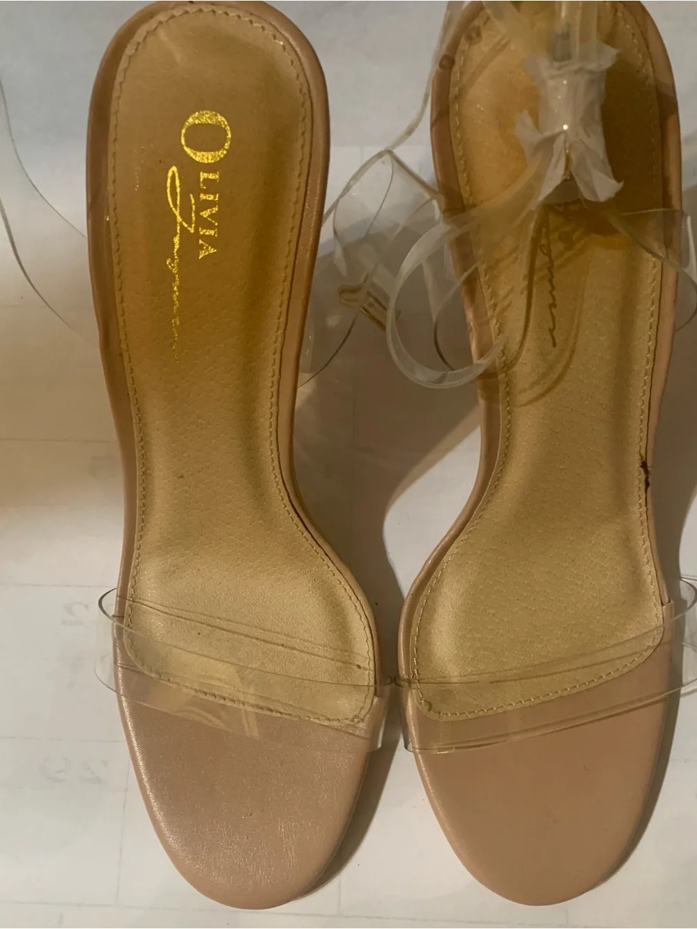 North by Olivia Jaymes nude ankle strap chunky block lucite heel sandals.